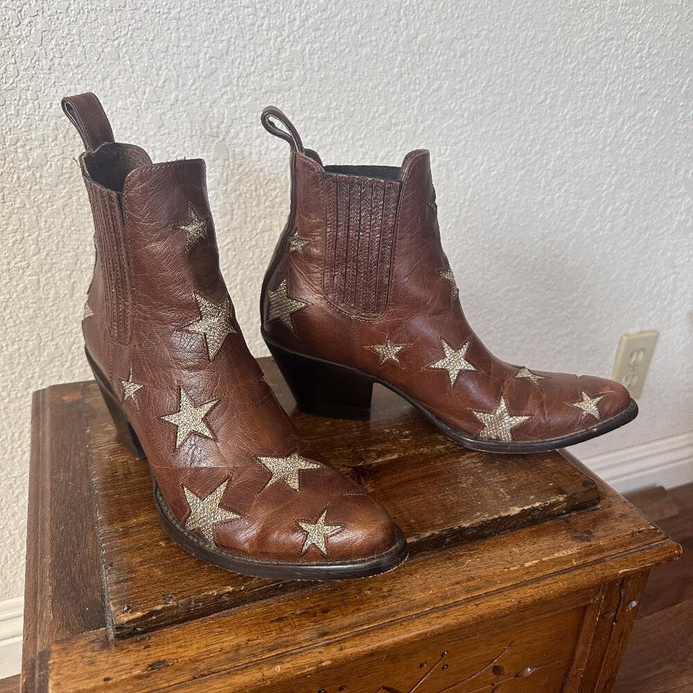 Mexicana Size 8 Brown Leather with Star Inlay pull-on Ankle Boots Botinas